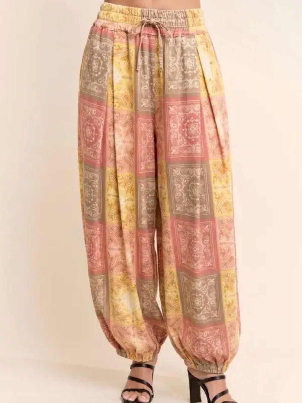 Patchwork Bandana Print Harem Pants in Pink, Yellow & Taupe